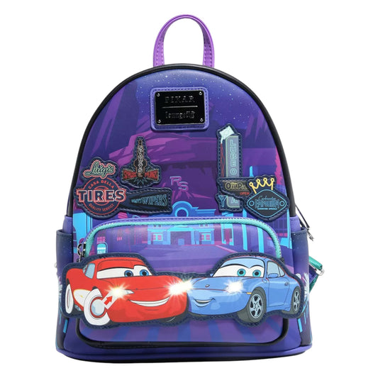 Backpack with Lightning McQueen & Sally Nighttime cars and cityscape design on a white background