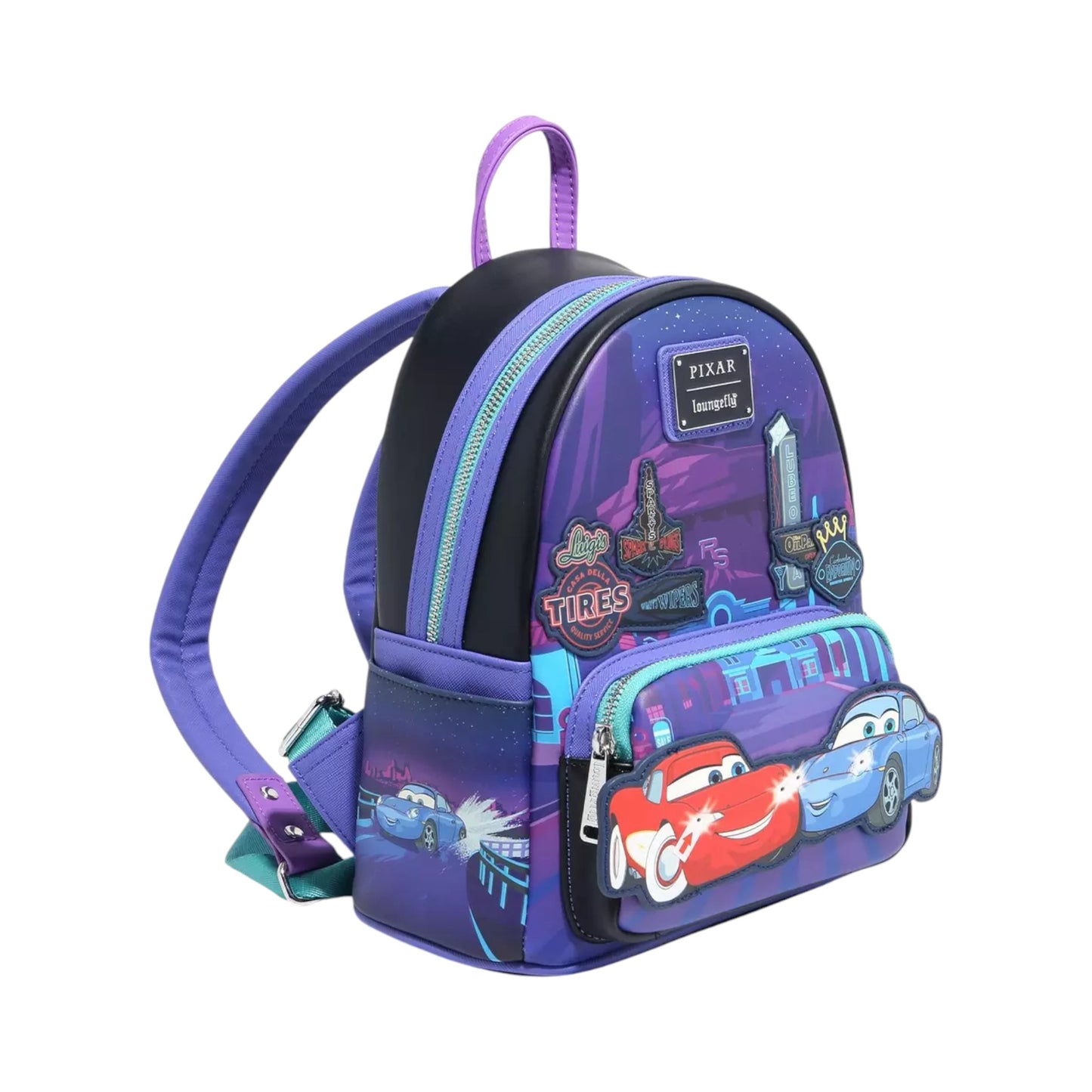 Backpack with Lightning McQueen & Sally Nighttime car design on a white background