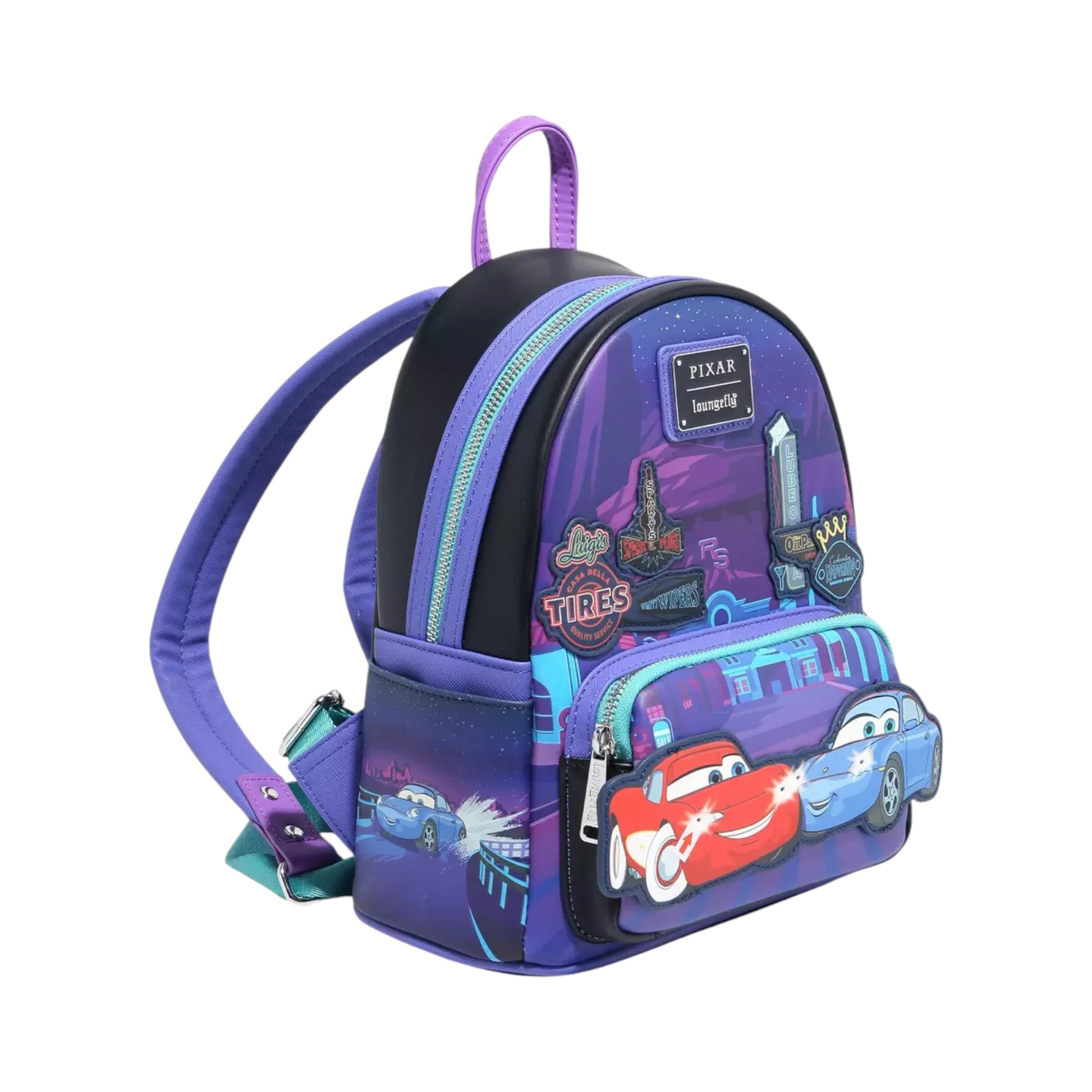 Backpack with Lightning McQueen & Sally Nighttime car design on a white background