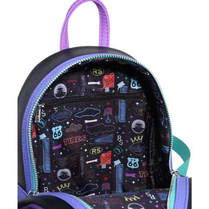Backpack with colorful Cars movie graphics and text on a white background
