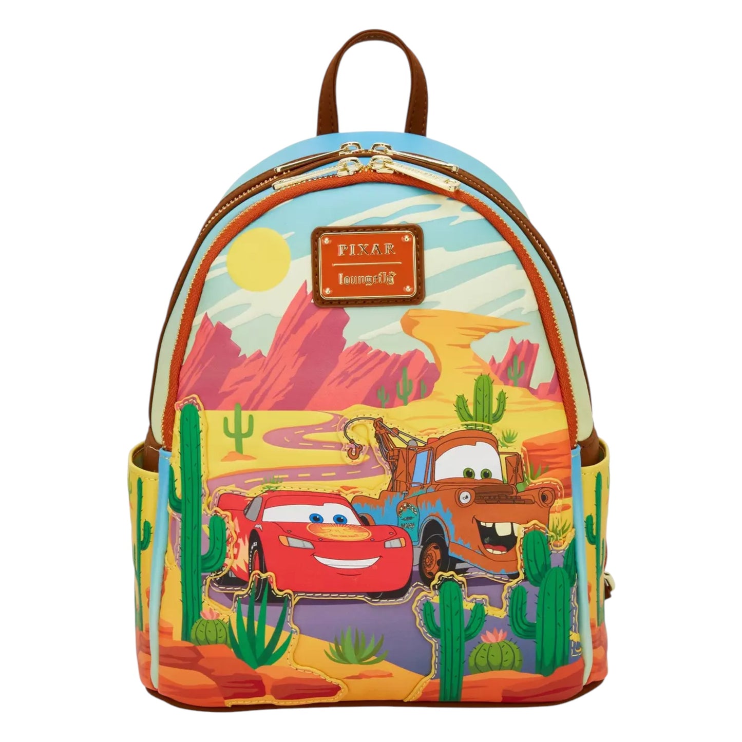 Backpack with Lightning McQueen and Mater car design on a white background