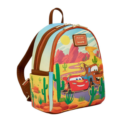 Backpack with Pixar Lightning McQueen and Mater character designs on a white background
