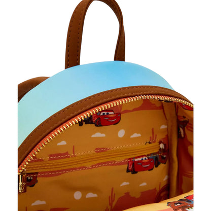 Backpack with Lightning McQueen and Mater car design on a white background