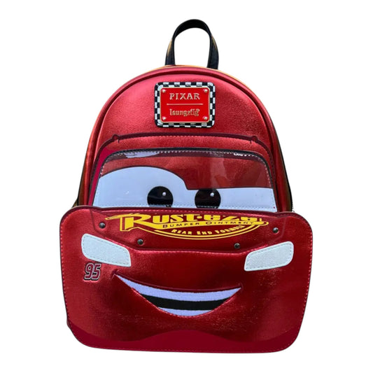 Red Metallic Lightning McQueen backpack with a Lightning McQueen face design and Pixar logo on a white background