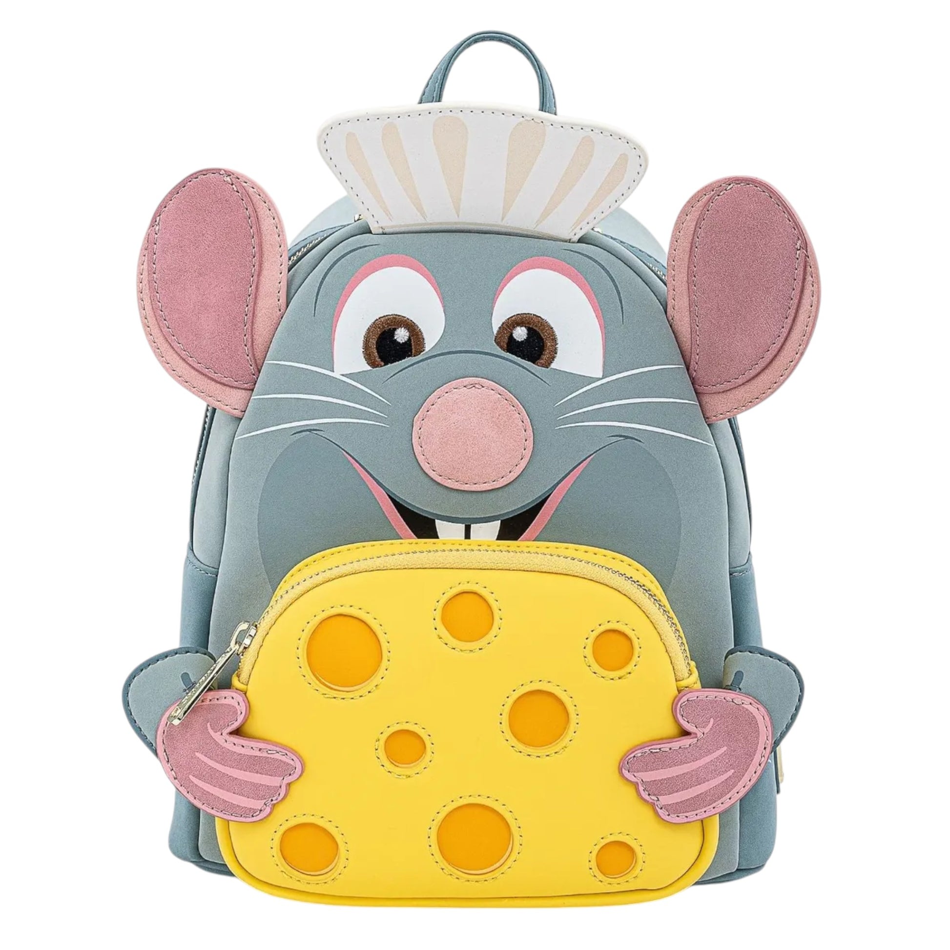 Loungefly Disney Pixar Ratatouille Chef Cosplay Mini Backpack designed with Ratatouille and hands  with cheese wearing a chef hat on a white background