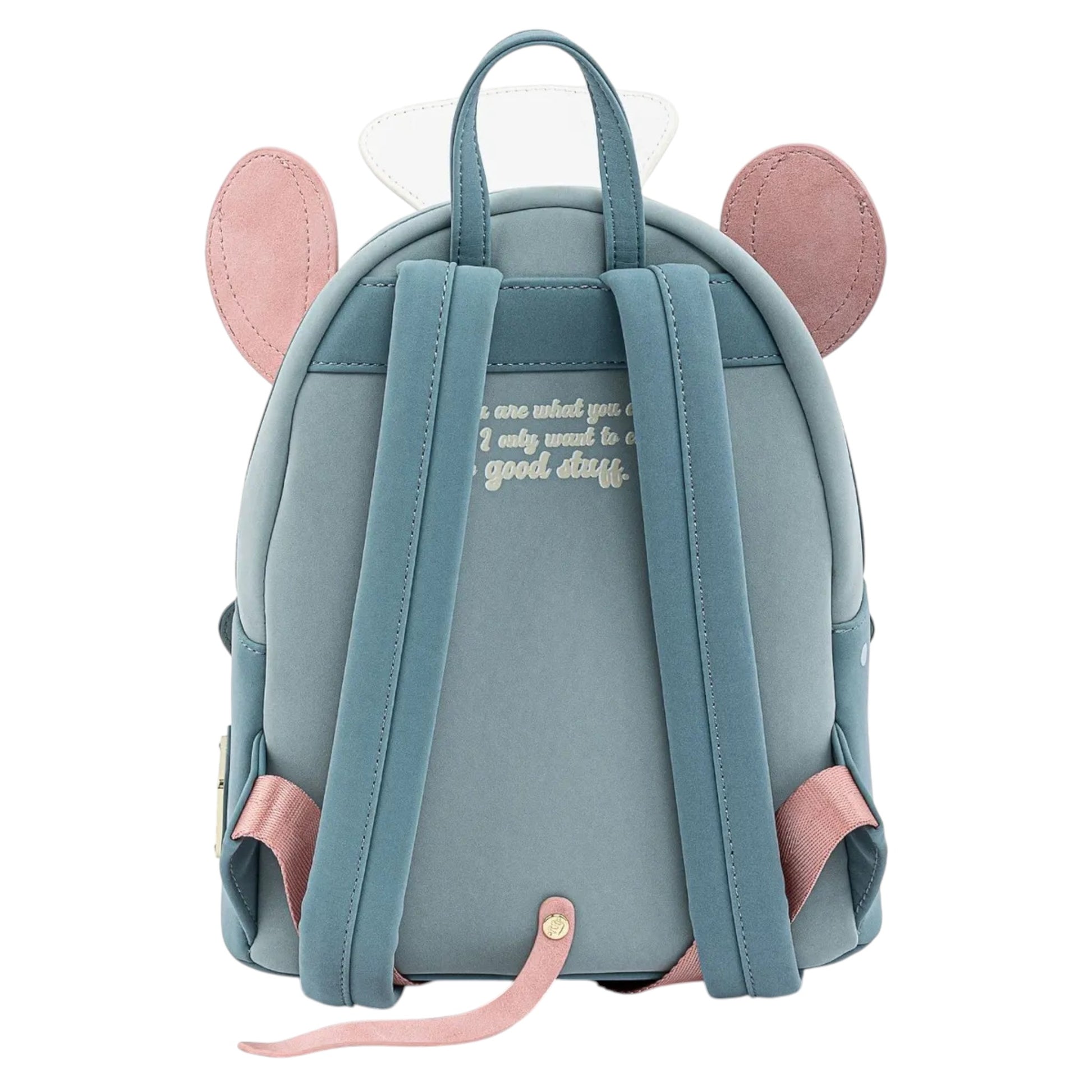 Back of Loungefly Disney Pixar Ratatouille Chef Cosplay Mini Backpack with blue straps, mouse ears and a tail on a white background