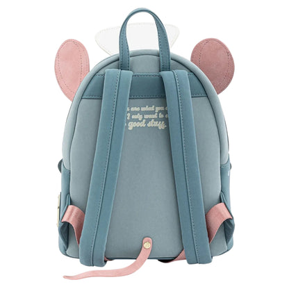 Back of Loungefly Disney Pixar Ratatouille Chef Cosplay Mini Backpack with blue straps, mouse ears and a tail on a white background