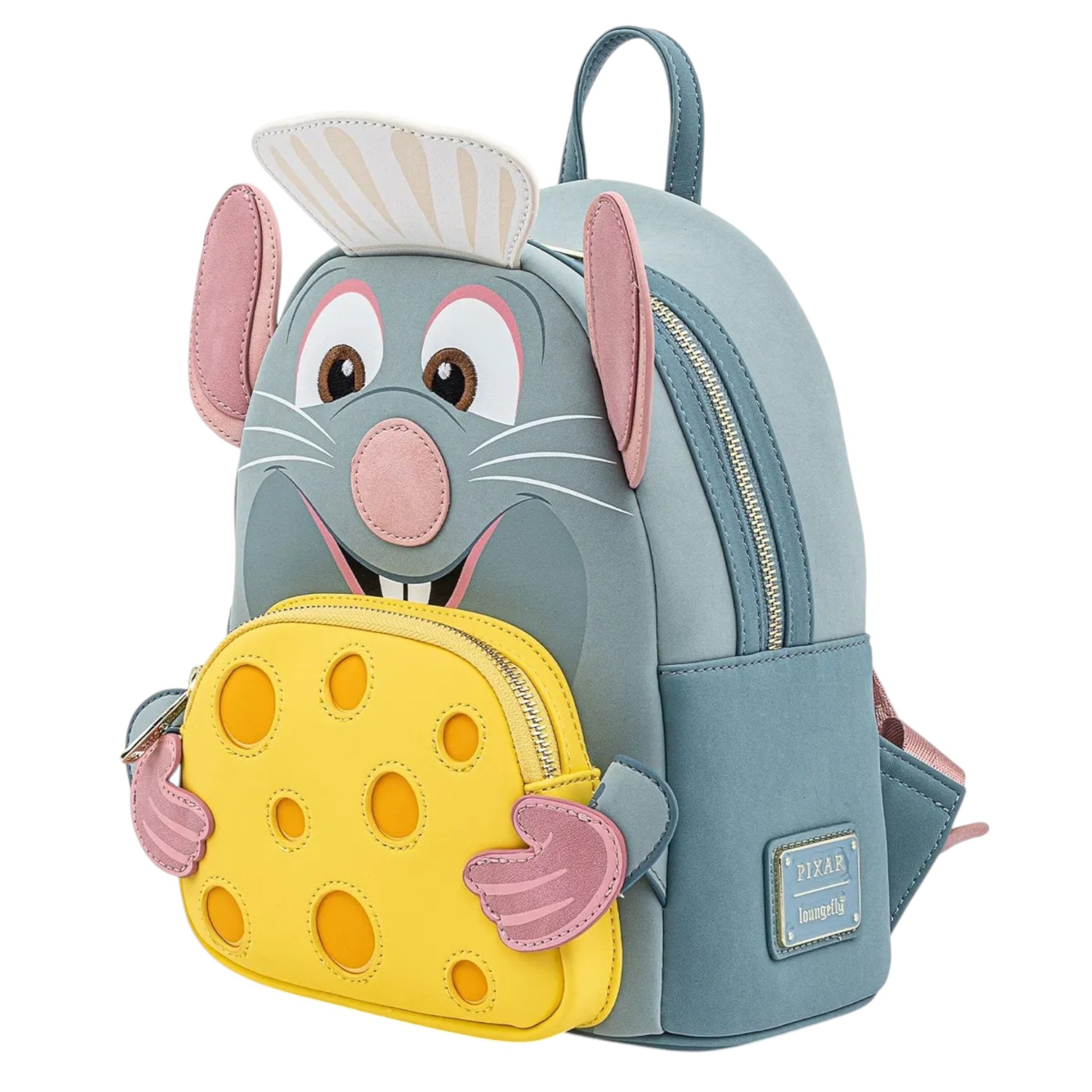 Loungefly Disney Pixar Ratatouille Chef Cosplay Mini Backpack designed with Ratatouille and hands  with cheese wearing a chef hat on a white background