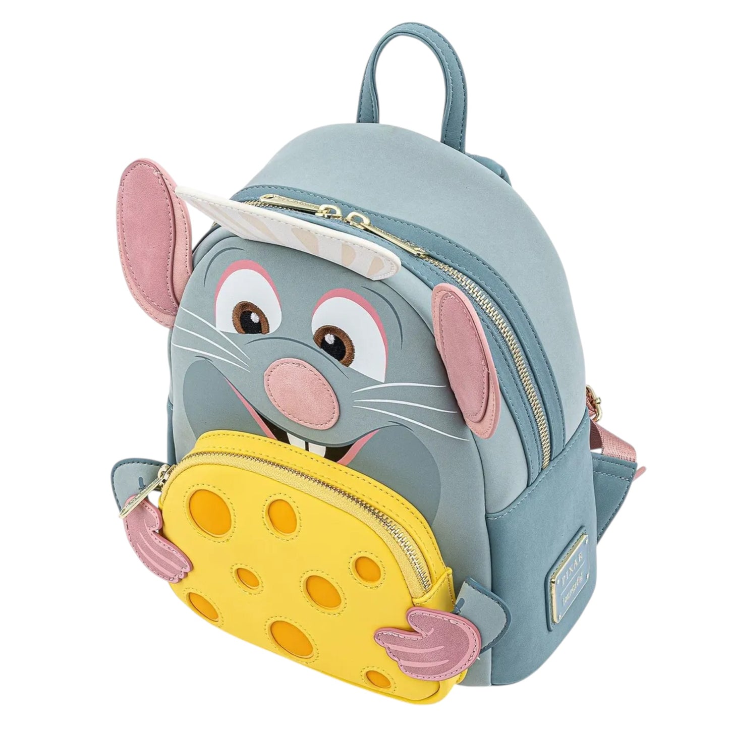 Loungefly Disney Pixar Ratatouille Chef Cosplay Mini Backpack designed with Ratatouille and hands  with cheese wearing a chef hat on a white background