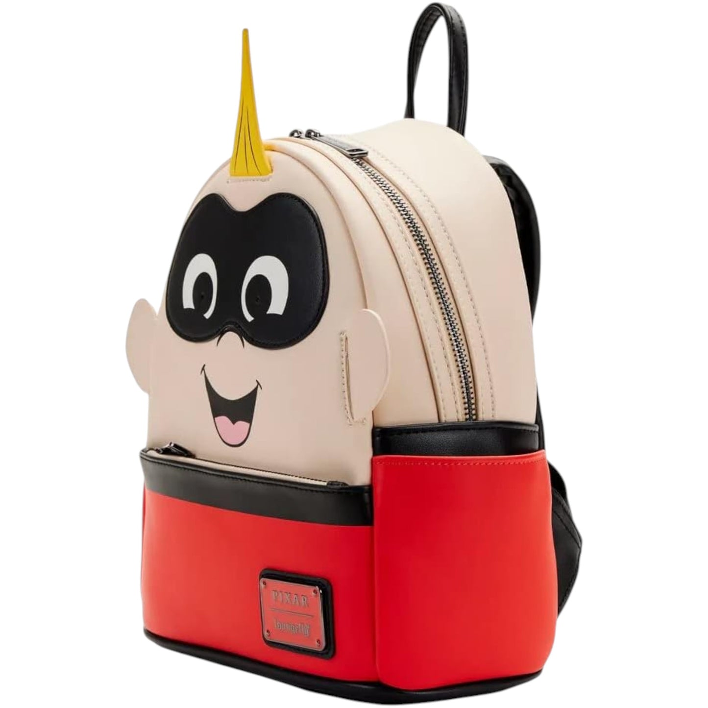 Jack-Jack Light-Up Cosplay Mini Backpack with a yellow spiked hair black mask, and red body on a white background.