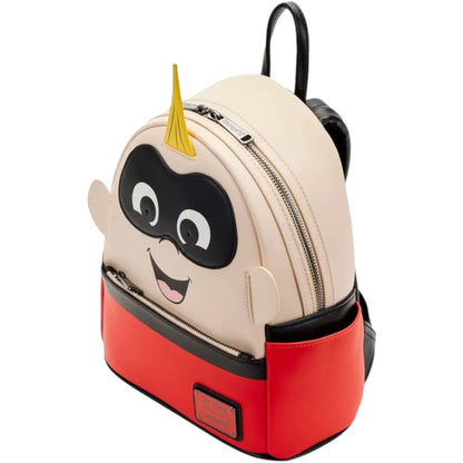 Jack-Jack Light-Up Cosplay Mini Backpack with a yellow spiked hair black mask, and red body on a white background.