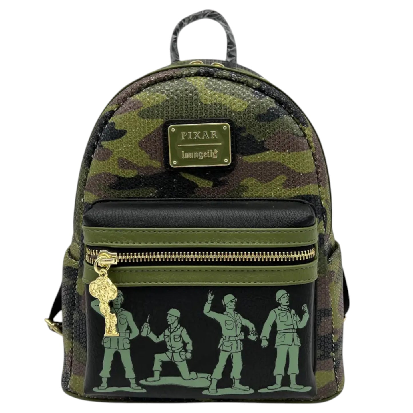 Camouflage Loungefly Disney Pixar Toy Story Army Men Sequin Mini Backpack with Army Men character illustrations and a Pixar Loungefly logo on a white background