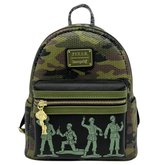 Camouflage Loungefly Disney Pixar Toy Story Army Men Sequin Mini Backpack with Army Men character illustrations and a Pixar Loungefly logo on a white background