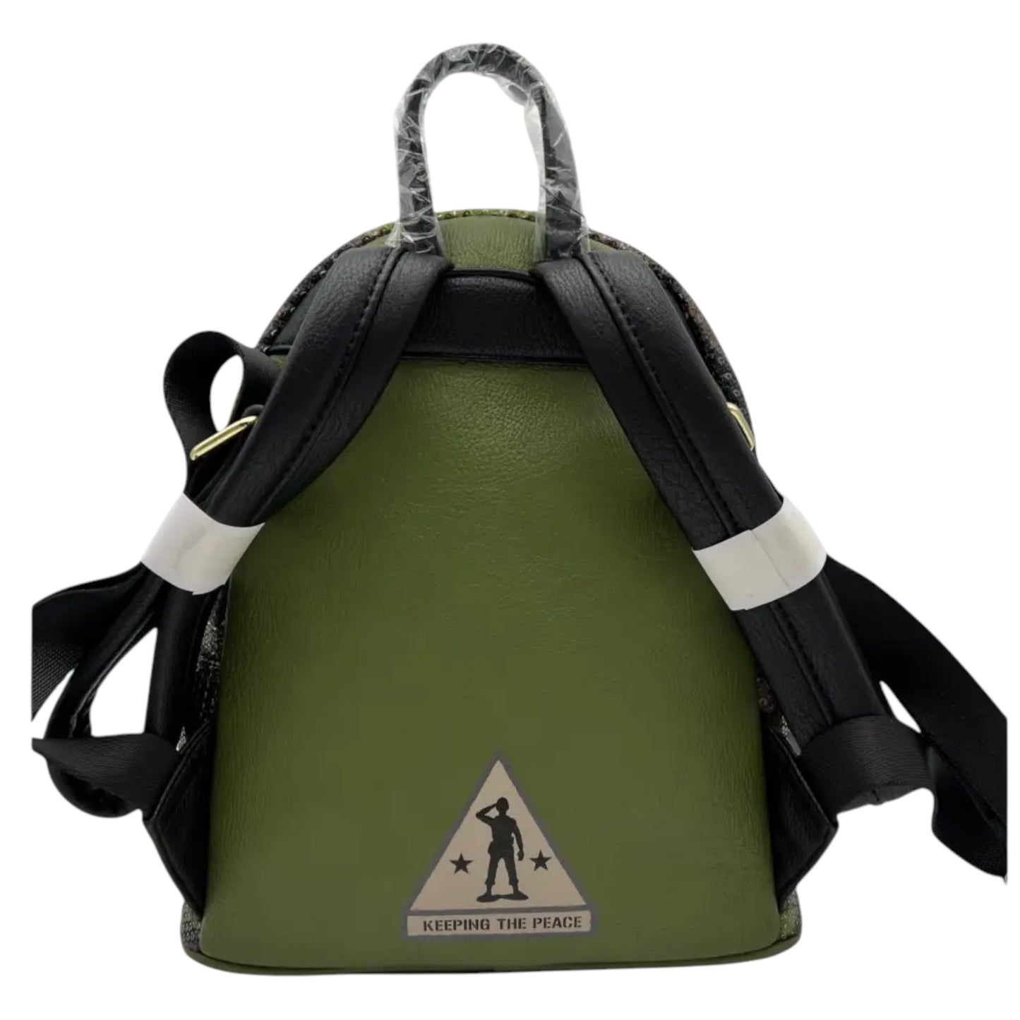 Back of Green Camouflage Loungefly Disney Pixar Toy Story Army Men Sequin Mini Backpack with Army Mean character illustration saluting and 'Keeping The Peace' text with black straps on a white background