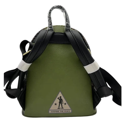 Back of Green Camouflage Loungefly Disney Pixar Toy Story Army Men Sequin Mini Backpack with Army Mean character illustration saluting and 'Keeping The Peace' text with black straps on a white background