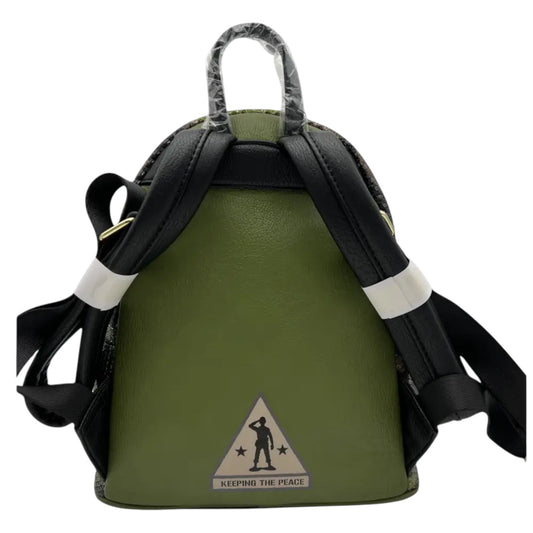 Back of Green Camouflage Loungefly Disney Pixar Toy Story Army Men Sequin Mini Backpack with Army Mean character illustration saluting and 'Keeping The Peace' text with black straps on a white background