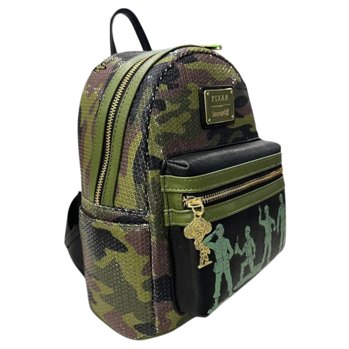 Camouflage Loungefly Disney Pixar Toy Story Army Men Sequin Mini Backpack with Army Men character illustrations and a Pixar Loungefly logo on a white background