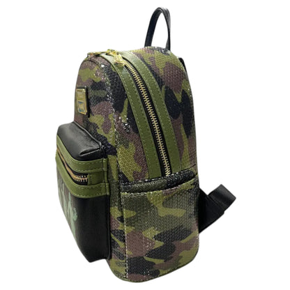 Camouflage Loungefly Disney Pixar Toy Story Army Men Sequin Mini Backpack with Army Men character illustrations and a Pixar Loungefly logo on a white background