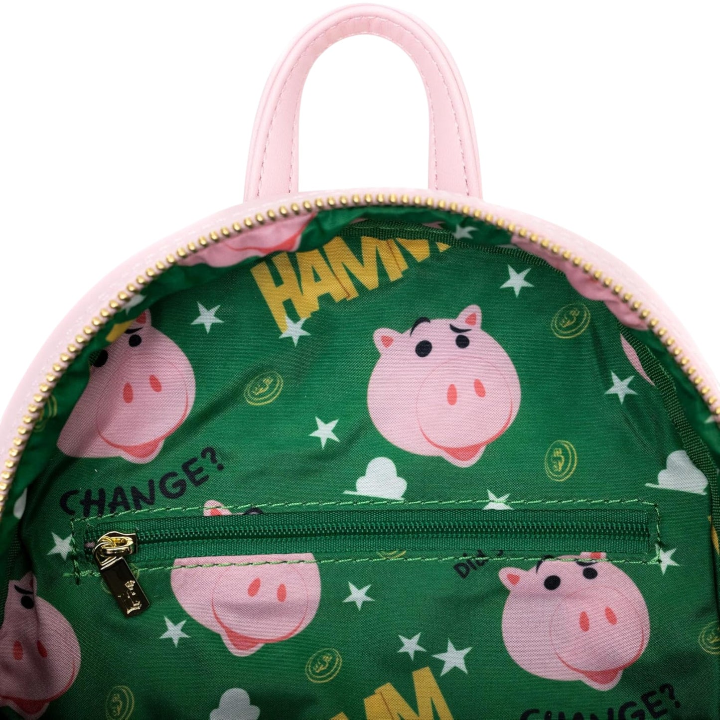 Pink Loungefly Disney Pixar Toy Story Hamm Cosplay Mini Backpack  with pink pig pattern and 'Ham?' text on a green background