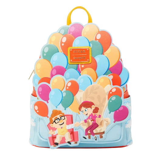 Loungefly Disney Pixar Up Carl & Ellie Balloons Mini Backpack with young Carl and Ellie sitting in chairs flying on a white background