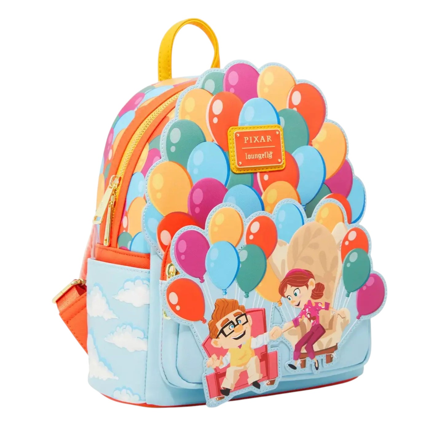 Loungefly Disney Pixar Up Carl & Ellie Balloons Mini Backpack with young Carl and Ellie sitting in chairs flying on a white background