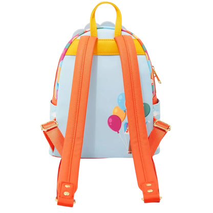 Back of Loungefly Disney Pixar Up Carl & Ellie Balloons Mini Backpack with young Carl and Ellie sitting in chairs flying on a white background