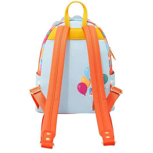 Back of Loungefly Disney Pixar Up Carl & Ellie Balloons Mini Backpack with young Carl and Ellie sitting in chairs flying on a white background