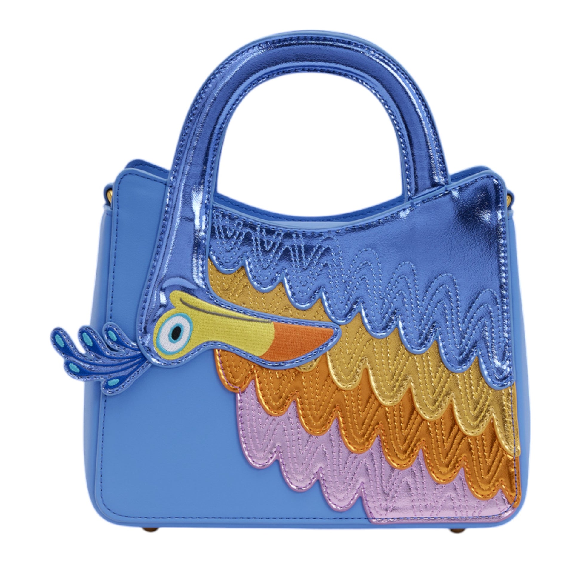 Blue Loungefly Disney Pixar Up Kevin Crossbody Bag with a Kevin character design on a white background