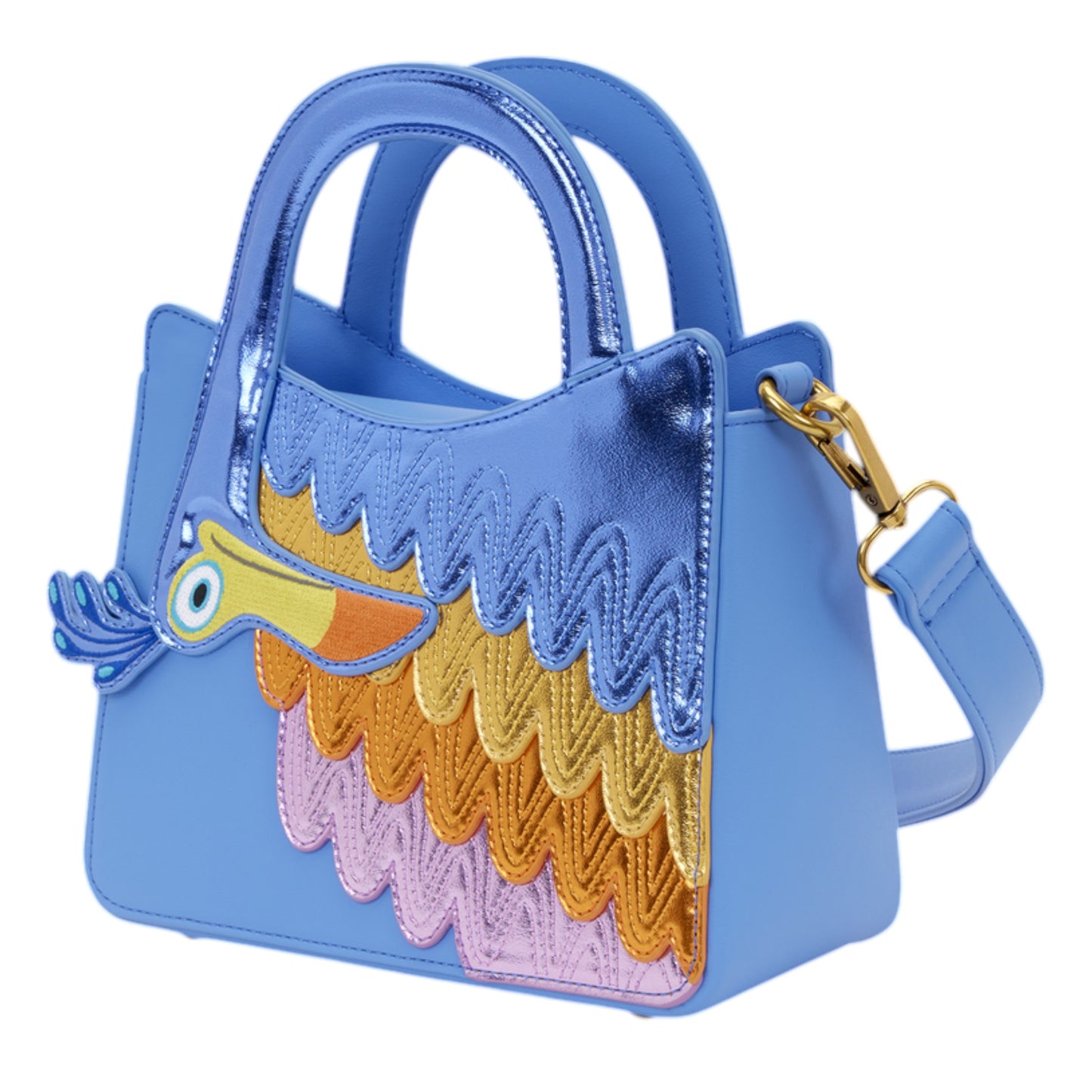 Blue Loungefly Disney Pixar Up Kevin Crossbody Bag with a Kevin character design on a white background