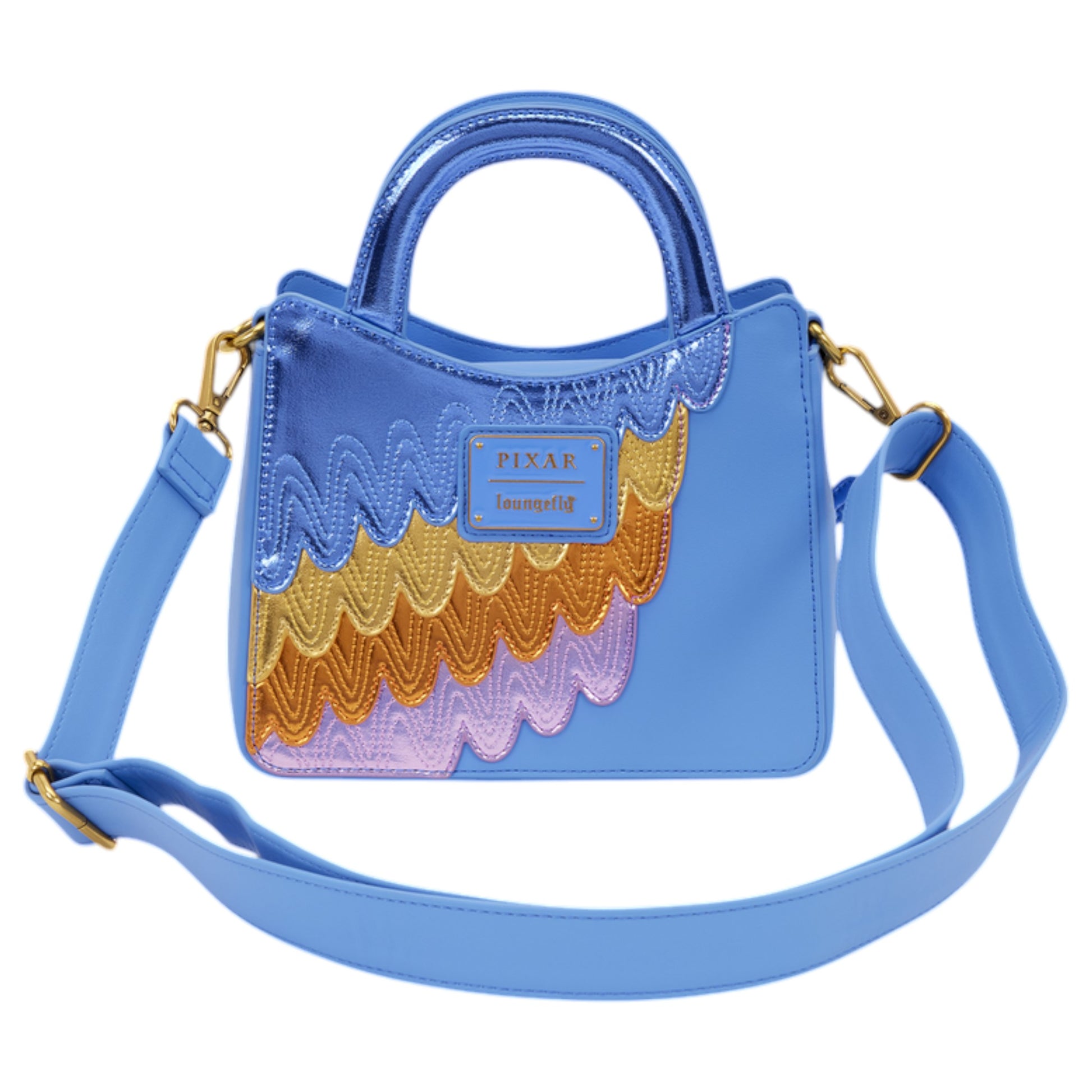 Back if blue Blue Loungefly Disney Pixar Up Kevin Crossbody Bag 8 with colorful scalloped design and Pixar Loungefly logo on a white background