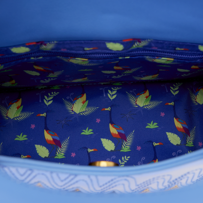 Inside of Blue Loungefly Disney Pixar Up Kevin Crossbody Bag with colorful bird pattern on a blue background