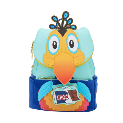 Loungefly Disney Pixar Up Kevin Figural Mini Backpack with Kevin character face and hands holding a half eaten chocolate candy bar on a white background