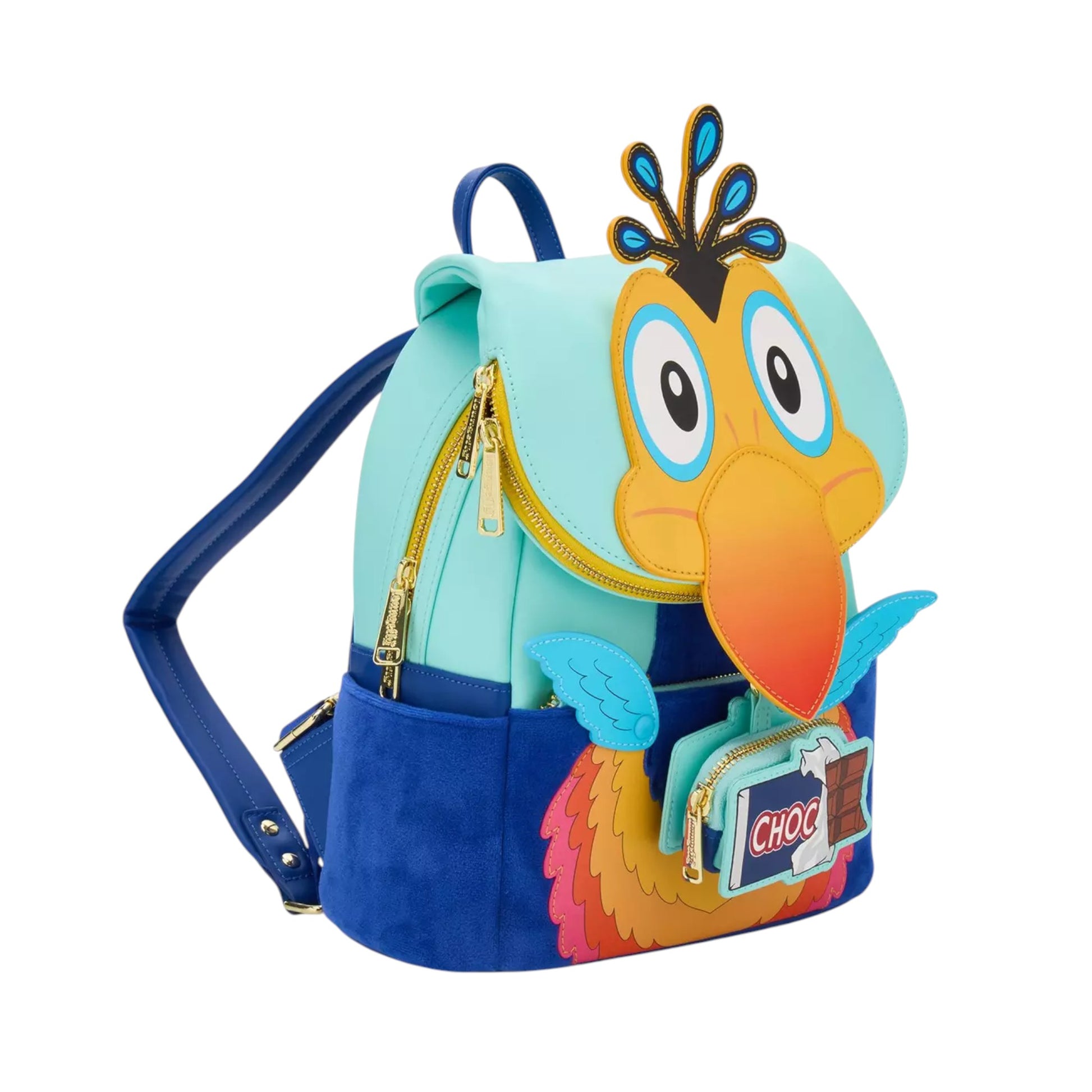 Loungefly Disney Pixar Up Kevin Figural Mini Backpack with Kevin character face and hands holding a half eaten chocolate candy bar on a white background