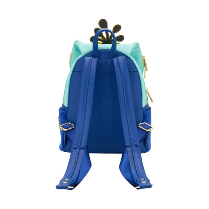 Back of Loungefly Disney Pixar Up Kevin Figural Mini Backpack blue straps on a white background