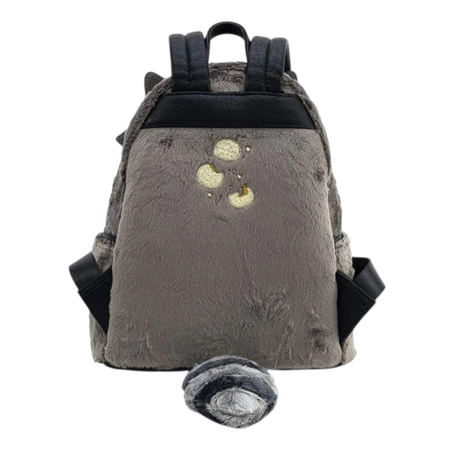 Back of Loungefly Disney Pocahontas Meeko Fuzzy Mini Backpack with black straps and a plush striped black and gray tail on a white background