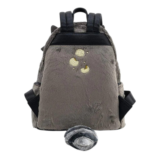 Back of Loungefly Disney Pocahontas Meeko Fuzzy Mini Backpack with black straps and a plush striped black and gray tail on a white background