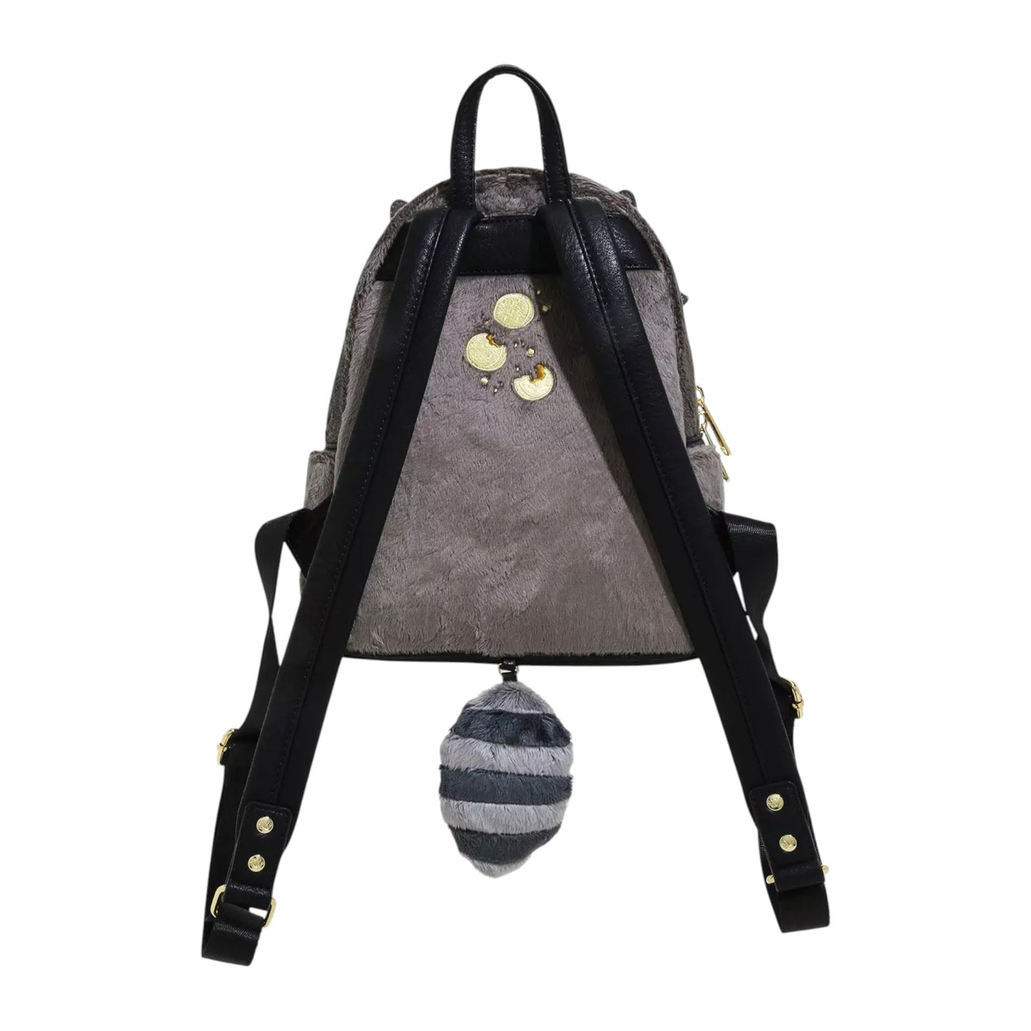 Gray backpack with black straps and a grey and black striped fuzzy tail on a white background