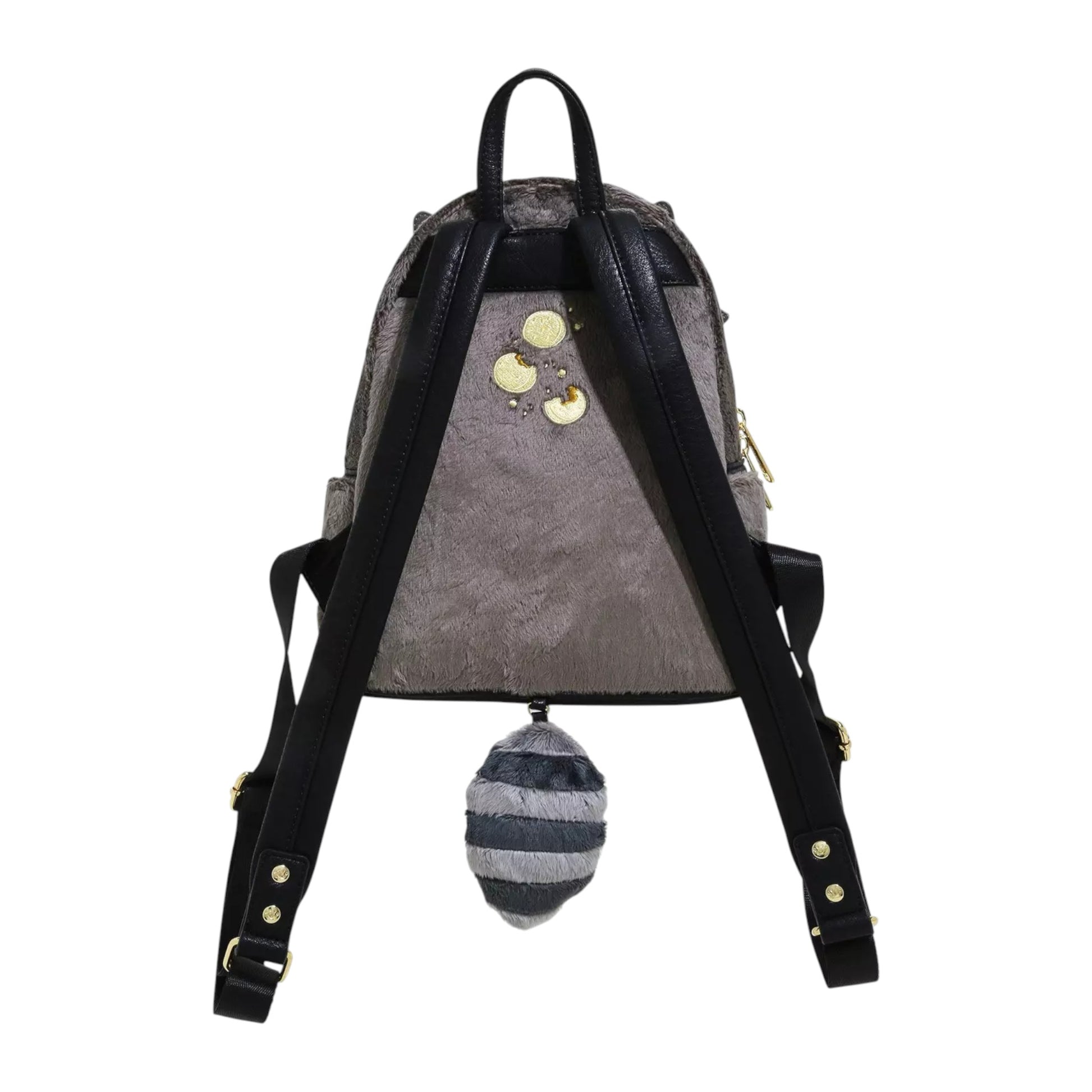 Gray backpack with black straps and a grey and black striped fuzzy tail on a white background