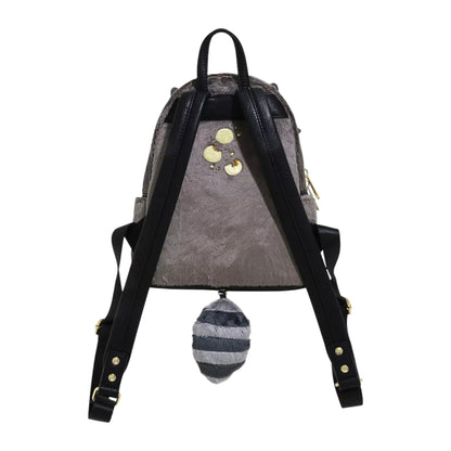 Gray backpack with black straps and a grey and black striped fuzzy tail on a white background