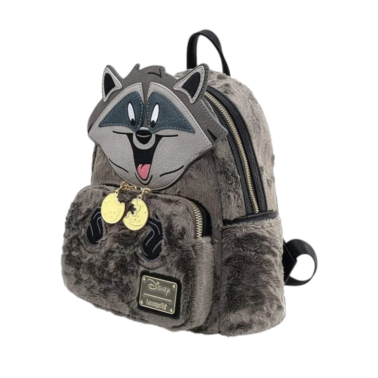 Loungefly Disney Pocahontas Meeko Fuzzy Mini Backpack with Meeko character face and hands with gold zipper charm on a white background