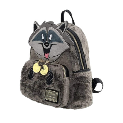 Loungefly Disney Pocahontas Meeko Fuzzy Mini Backpack with Meeko character face and hands with gold zipper charm on a white background