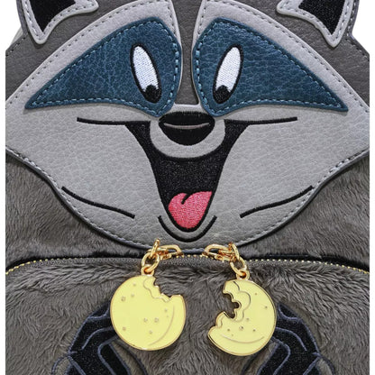 Close-up of Loungefly Disney Pocahontas Meeko Fuzzy Mini Backpack with Meeko character face and hands with gold zipper charm on a white background