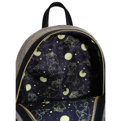 Backpack with celestial design featuring Pocahontas Meeko, moons, and stars on a dark background.