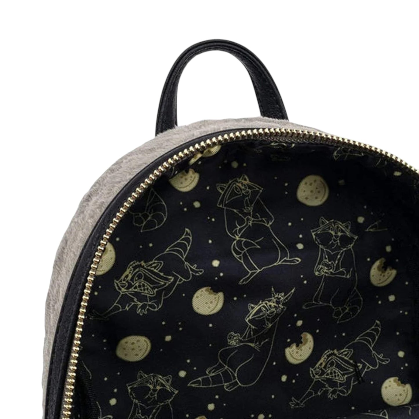 Close0up insiode of Loungefly Disney Pocahontas Meeko Fuzzy Mini Backpack with Meeko character pattern on a white background