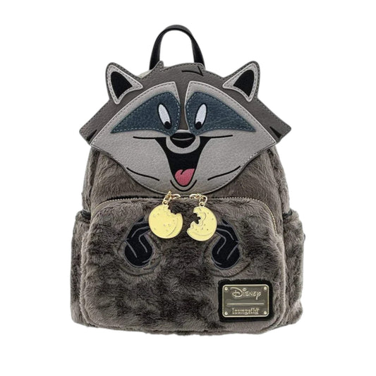 Loungefly Disney Pocahontas Meeko Fuzzy Mini Backpack with Meeko character face and hands with gold zipper charm on a white background