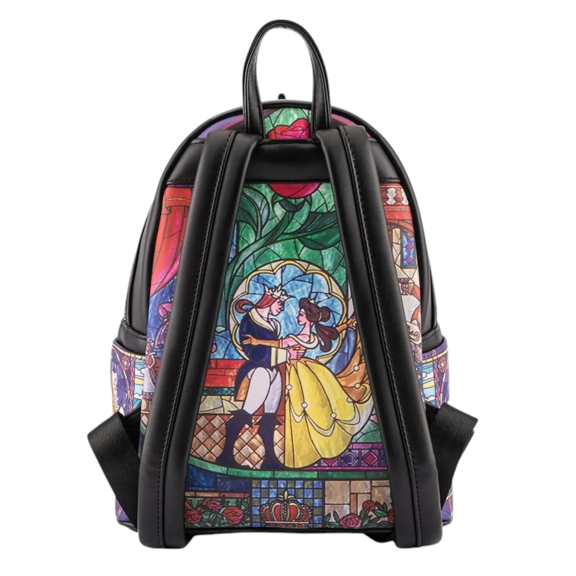 Backpack with stained glass design featuring belle and prince adam, on a white background