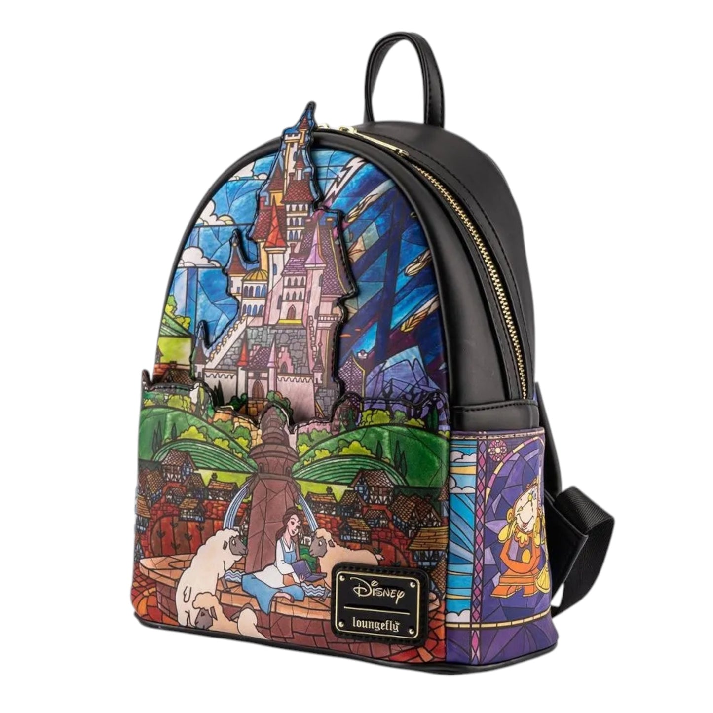 Backpack with stained glass castle design featuring Belle on a white background