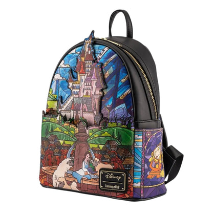 Backpack with stained glass castle design featuring Belle on a white background