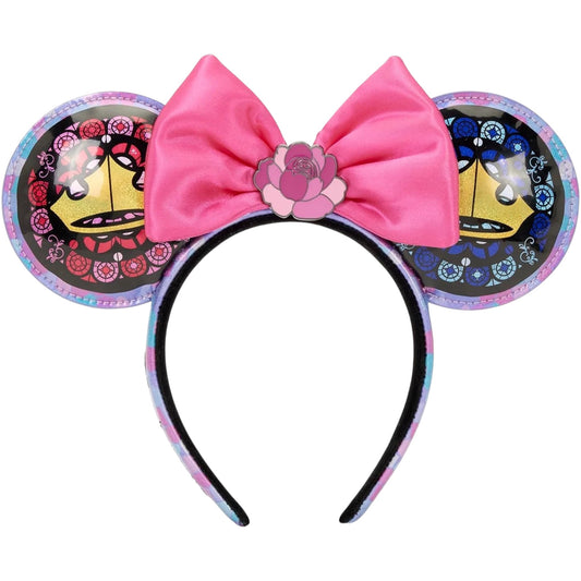 Princess Stained Glass Sleeping Beauty Ears with a pink bow and decorative sides on a white background