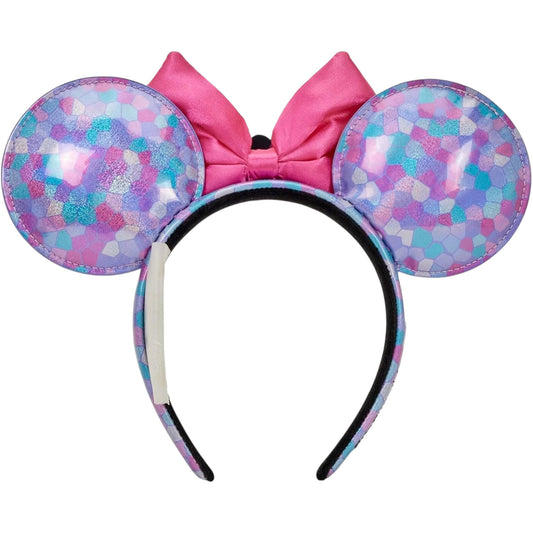 Princess Stained Glass Sleeping Beauty Ears with a pink bow on a white background